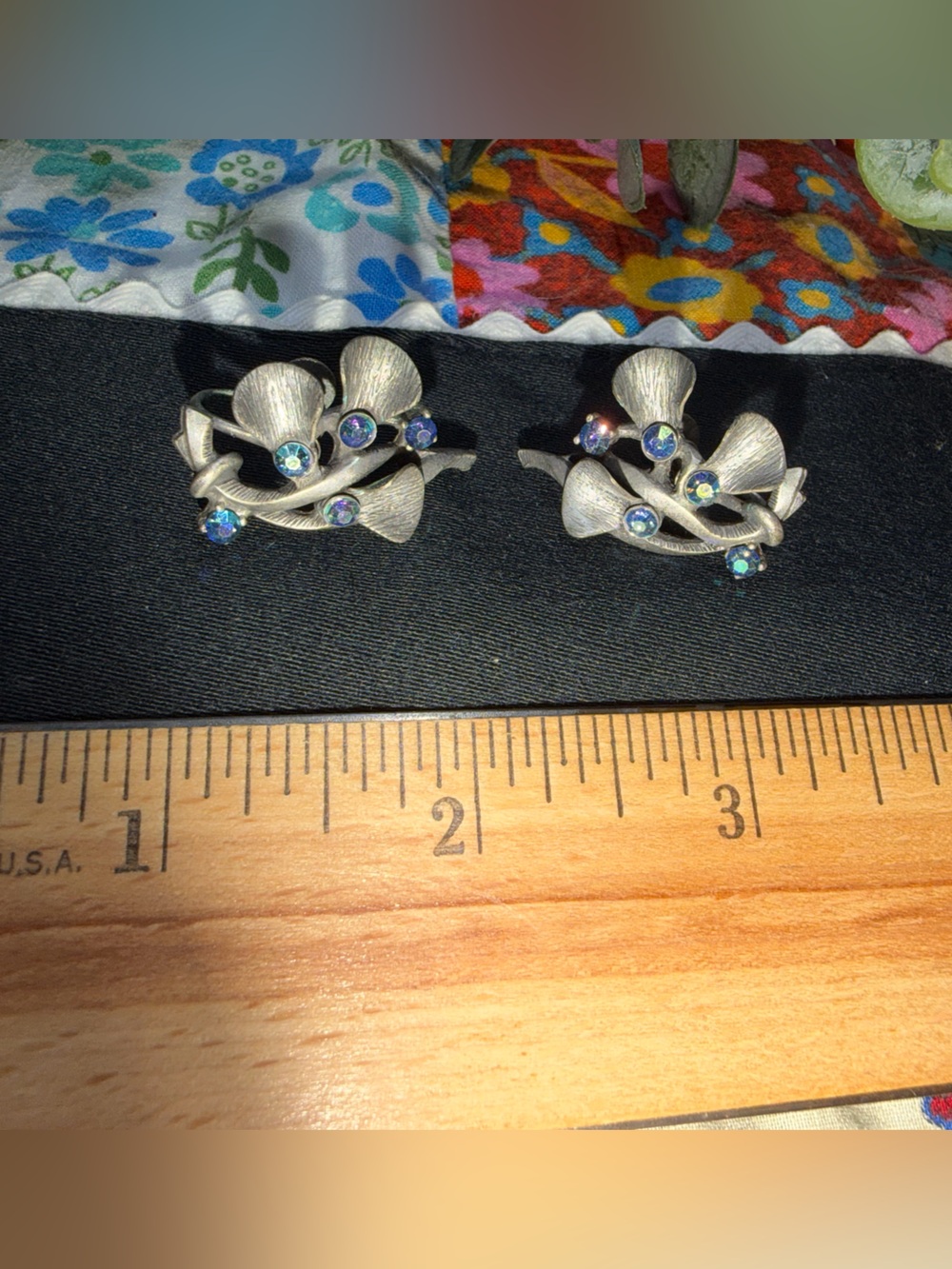 Vintage Silver-Tone Floral Clip-On Earrings with Blue Aurora Stones